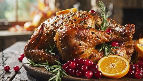 Delicious glazed roasted turkey with cranberries, orange slices, and rosemary on wooden board by fireplace