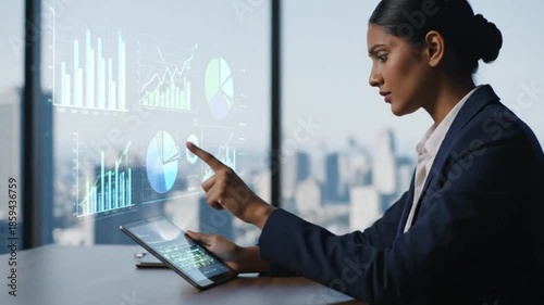 Businesswoman interacting with holographic financial charts and data analysis on a tablet in a modern office setting