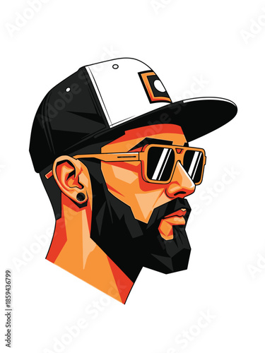 Stylish man with beard and sunglasses wearing a cap, side profile view.