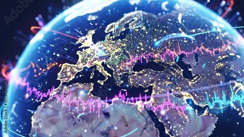 Global finance and technology concept earth at night with digital data streams and stock market graphs overlay