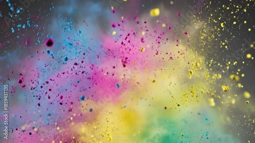 Vibrant explosion of colorful holi powder, magenta, cyan, and yellow dust clouds in midair against a dark background