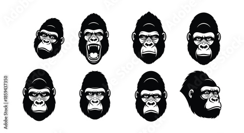 A collection of gorilla head illustrations displaying diverse facial expressions