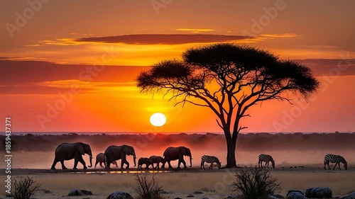 sunrise savannah elephants and zebras silhouettes under acacia tree