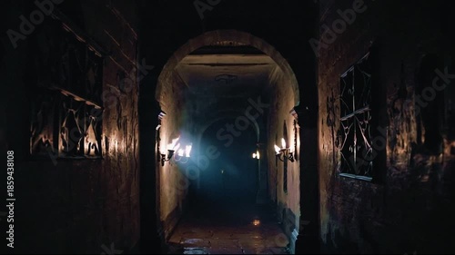 Hooded figure performing ancient ritual with candle light in old castle room