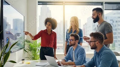 team brainstorming in modern office with presentation screen and collaborators