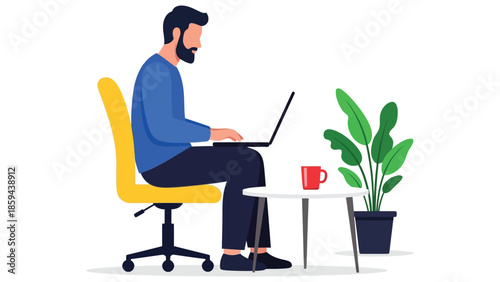 Vector flat design illustration of a man sitting in a chair, working on a laptop in a cozy home office interior.