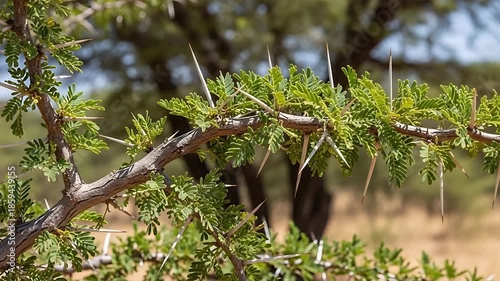 thorny shrub close-up with green leaves and sharp thorns in dry landscape