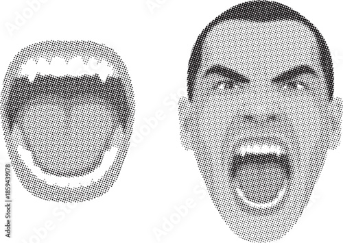 A halftone depiction showing a man s face in two expressive states