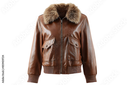 A brown leather jacket with fur collar on transparent background