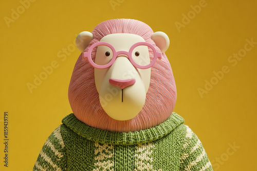 Anthropomorphic pink sheep character wearing glasses and green sweater