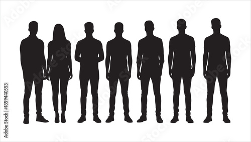 Vector silhouettes of men and women a group of standing and walking business people, black, isolated on a white background