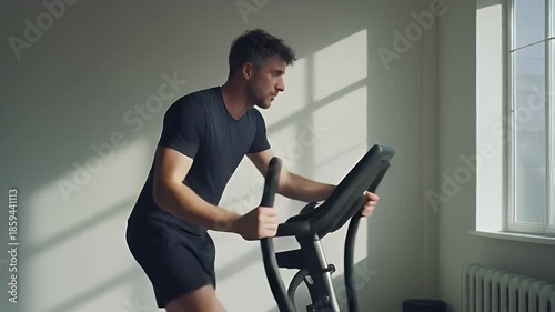 Active Adult Man on Elliptical Trainer in Bright Room With Window Lighting Workout at Home in Dark T-Shirt and Shorts