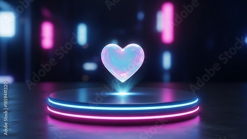 Holographic Soft Glass Heart Floating Over Tiered Neon Podium with City Night Blur Valentine
