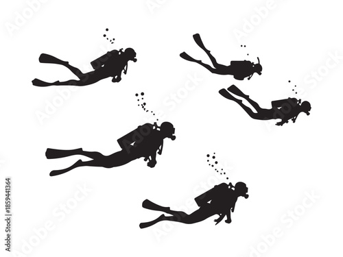 Scuba Divers Silhouettes Underwater Exploration Diving Set