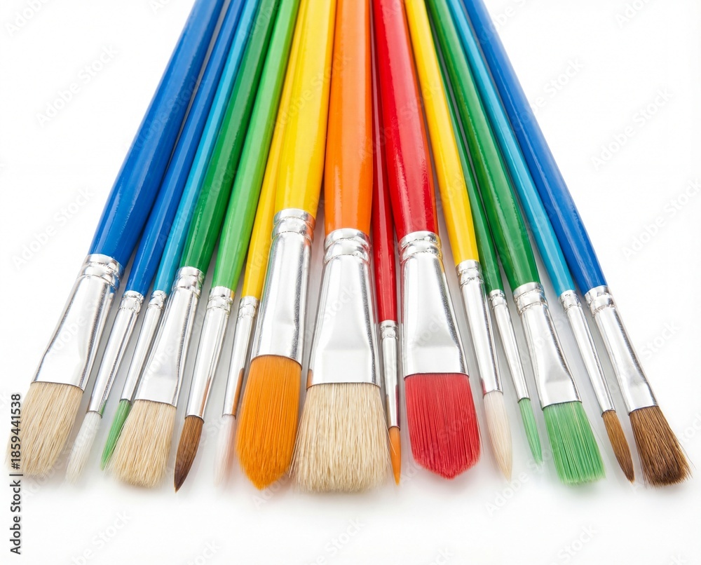Fototapeta premium Vibrant Rainbow Array of Artist's Paintbrushes on White Background