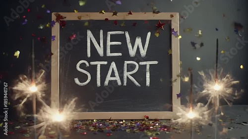 Celebratory New Beginnings Sparklers Confetti Black Chalkboard Background