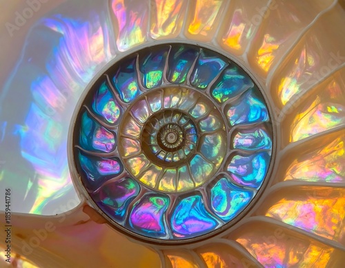 Close-up of a nautilus shell revealing iridescent chambers with swirling, colorful light reflections
