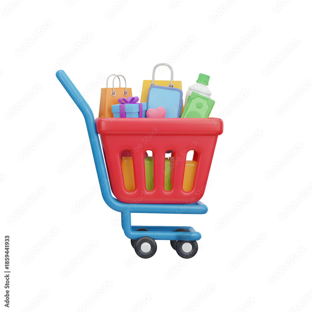 Fototapeta premium Red Shopping Cart Filled with Colorful Bags.