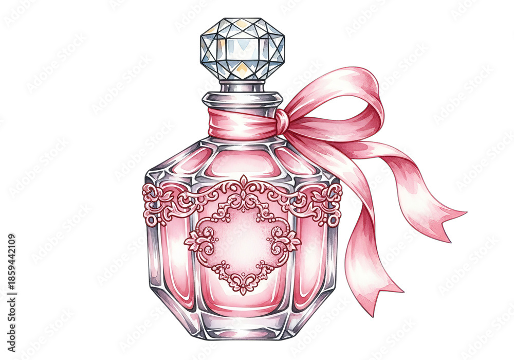 Obraz premium Elegant pink perfume bottle with ribbon isolated on transparent background