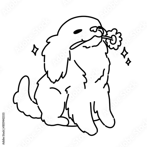 Cute cartoon dog standing proudly with sparkles, simple black line art illustration expressing confidence and charm in a minimal style.