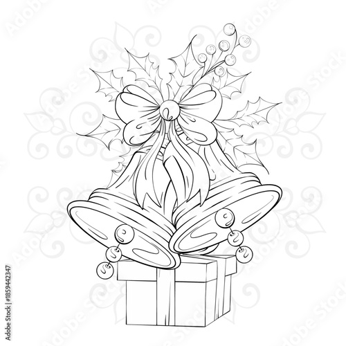 Christmas Bells Decoration With Holly Leaves Festive Ribbon and Gift Box Cheerful Design for Holiday Coloring Activity Hand Drawn Style Ideal for Kids and Adults