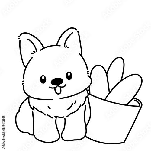 Cute cartoon dog standing beside grocery bag, simple black line art illustration symbolizing shopping, daily life, and cheerful pet character.