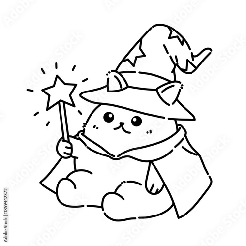 Cute wizard cat sitting with magic wand, charming fantasy cartoon illustration in clean black line art, perfect for fairytale and kids designs.