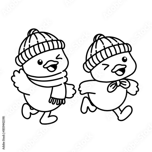 Two cute cartoon birds running together wearing winter hats, simple black and white line art illustration showing friendship and joyful movement.