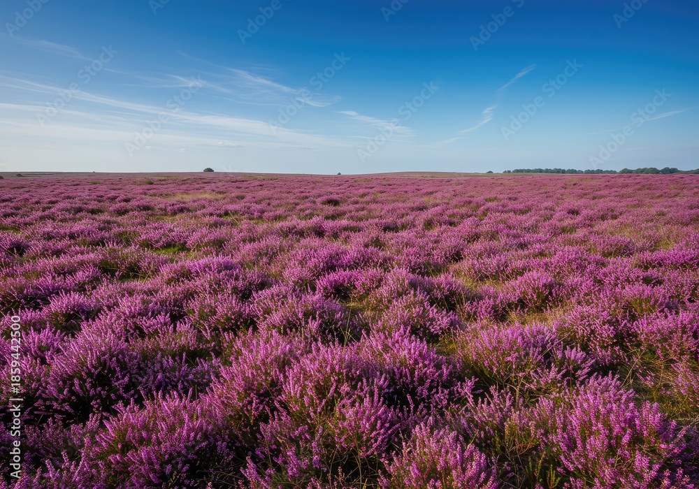 Fototapeta premium Expansive natural landscape image showing a dense field of blooming purple and pink heather covering rolling hills under a bright summer blue sky ,shrubland ,purple ,pink