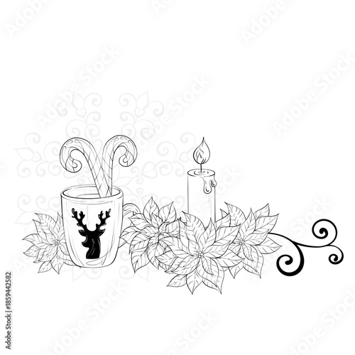 Hot Chocolate With Candy Canes and Candle in Cozy Winter Setting Elegant Black and White Design With Festive Elements for Holiday Cheer and Warm Ambiance