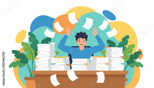 Man overwhelmed by heavy workload and paperwork frustrated business concept illustration