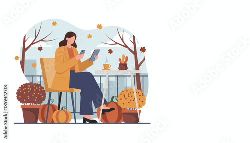 Woman using smartphone and tablet on an autumn balcony with pumpkins and coffee