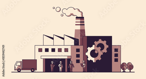 Manufacturing facility illustration with workers truck and smoking chimney Industrial production and logistics