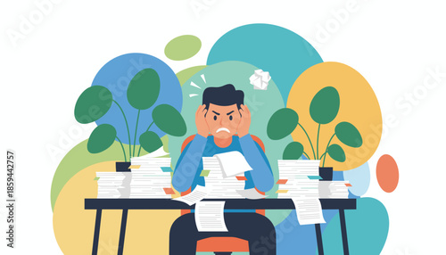 Overwhelmed worker stressed by too much paperwork and administrative tasks