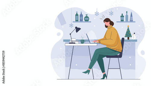 Woman working on laptop at a desk during the stressful winter holiday season Flat vector illustration