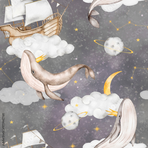 Cute, seamless watercolor children's pattern with whales, clouds, ships, and stars on dark. Perfect for pajamas, bedding, and children's wallpaper. The unisex theme of sweet dreams and magic.