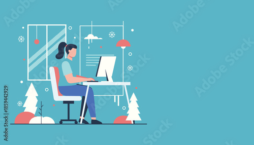 Woman remote working on computer in a cozy winter home office Productivity and distance learning concept