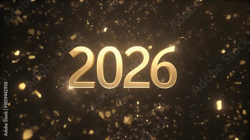 Golden 2026 Text Overlaid on Black Background with Glittering Particles