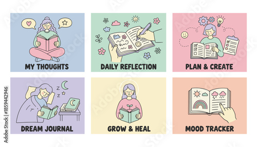 Journaling concepts reflection planning selfcare mood tracking and dreams for mental health and growth