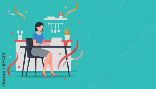 Professional woman working remotely on laptop in a festive home office Celebration graphic