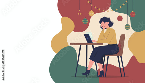 Woman experiencing holiday burnout while working on her laptop surrounded by Christmas decor