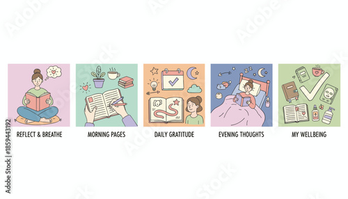 Daily routine illustrations for selfcare mindfulness journaling reading and personal growth activities