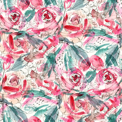 Seamless pattern with watercolor flowers. Hand-drawn illustration.