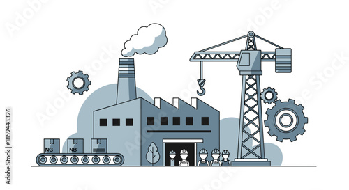 Manufacturing factory with workers crane and production line Industry and engineering concept
