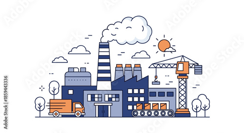 Modern line art illustration of a manufacturing factory crane and delivery truck Production and industry concept