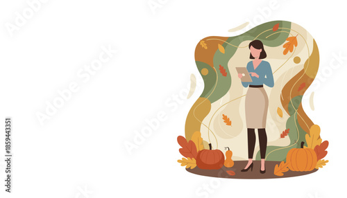 Woman using a tablet in an abstract autumn setting with pumpkins and colorful leaves Seasonal business concept