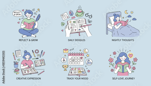 Journaling concepts reflection creative expression mood tracking and selflove for mental wellness