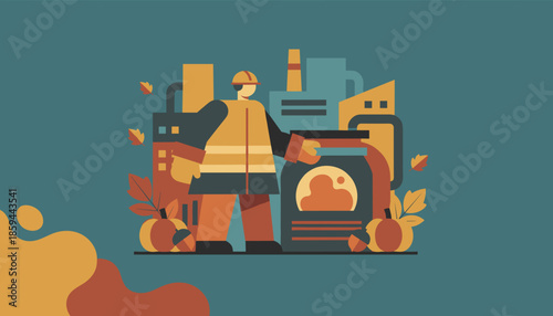 Industrial worker with seasonal harvest produce jar in flat graphic style