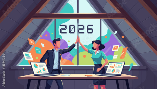 Colleagues celebrate 2026 success with a highfive in a modern attic workspace