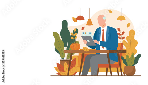 Senior businessman working on a tablet in a cozy autumnthemed office or cafe Remote work concept